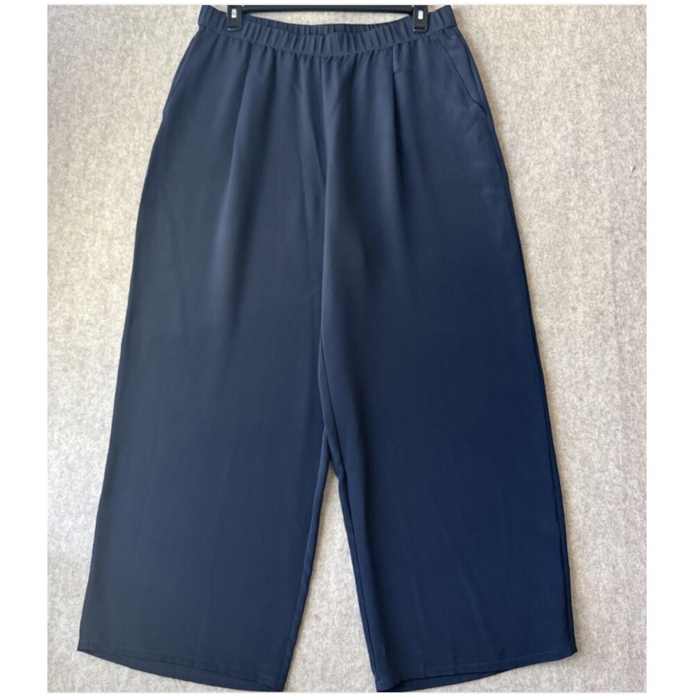 Eileen Fisher 100% Silk Wide Leg Pants Womens XL Navy Pull On Full Length